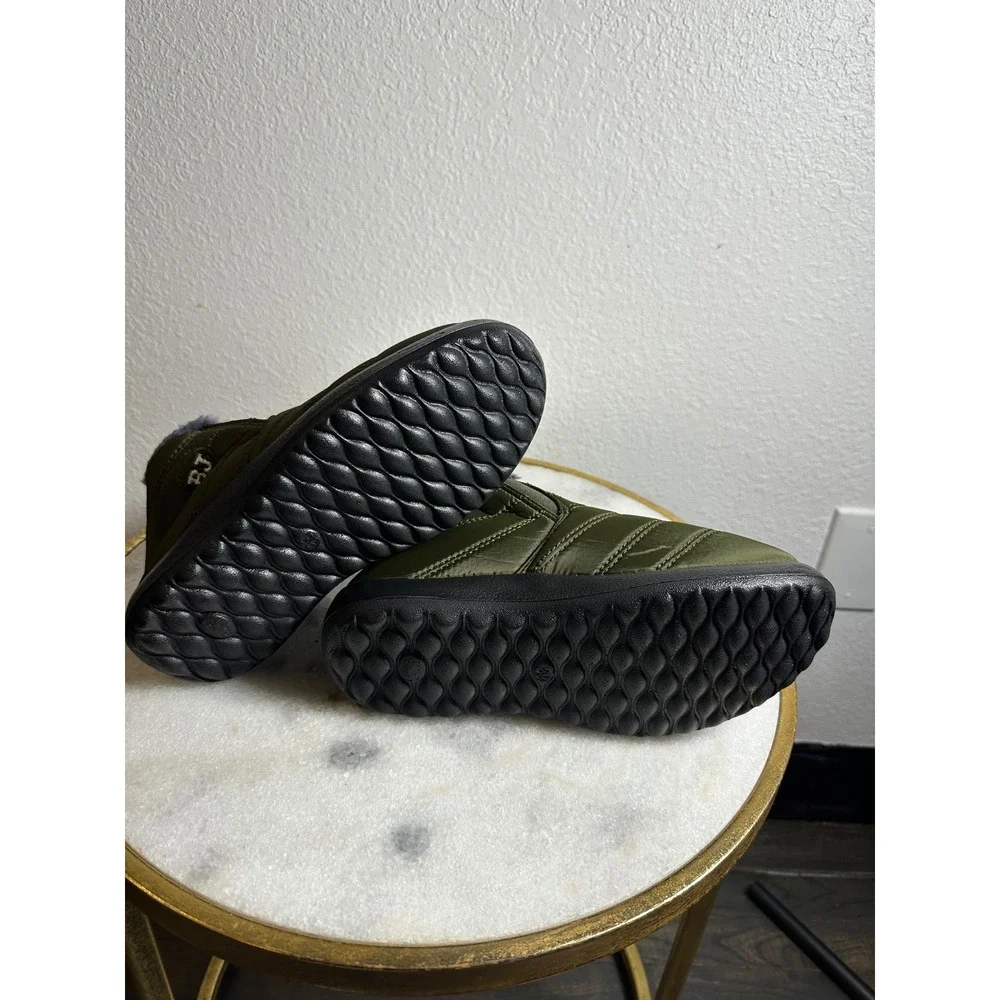 Olive Green Quilted Puffer Ankle Boots Faux Fur Lined Slip On Winter Shoes